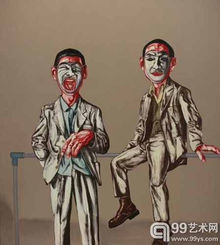 #2011秋拍# 香港佳士得“亚洲二十世纪及当代艺术”夜场 lot 1039 曾梵志，1995年作，《面具系列 No.25》，99.2x178.2cm，布面油画，估价1600-2400万HKD。业界将佳士得称为曾梵志的主场，但今年秋拍佳士得上拍的曾梵志作品并不如前几次精彩，估价却依旧很高。