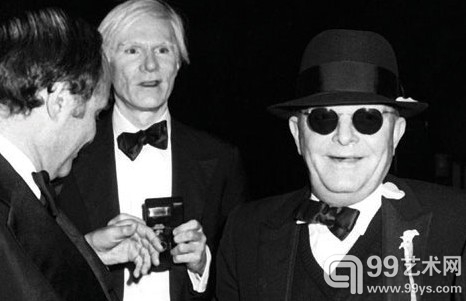 Ron Galella, "Lester Persky, Andy Warhol, and Truman Capote at Steve Rubell’s Birthday Party", 1978