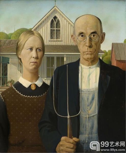 格兰特·伍德（Grant Wood）作品《美国哥特式》（1930）