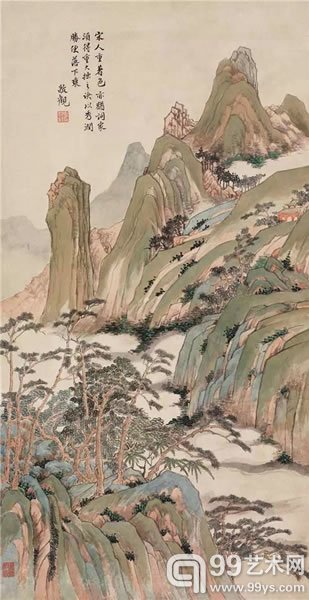 夏敬观(1875-1953) 拟宋人青绿山水 纸本立轴 备 注： 文物商店旧藏。 90×46 cm 约3.7平尺