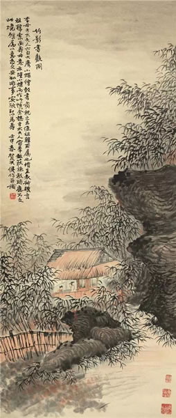 贺天健(1891-1977) 竹影书声图 纸本立轴 1932年作 100×42.5 cm 约3.8平尺